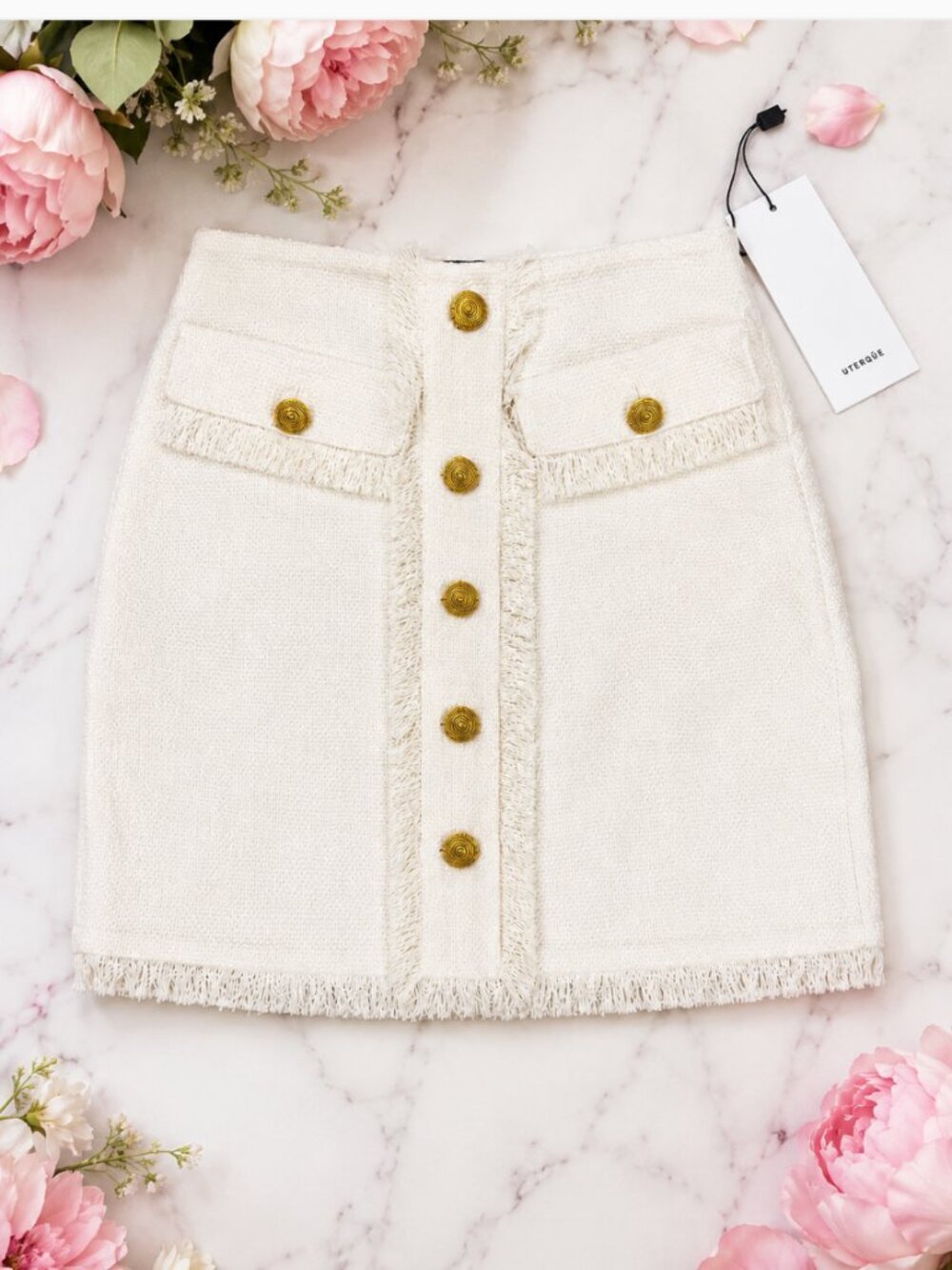 Uterqüe NWT White Tweed Mini Skirt Gold Buttons Fringe Linen Blend S